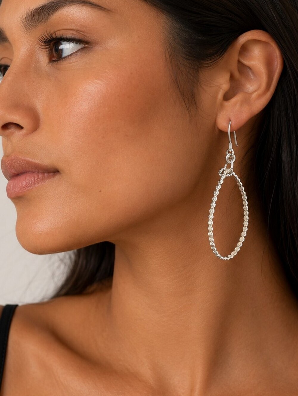 Native American Sterling Silver Floral Teardrop Hoop Dangle Hook Earrings